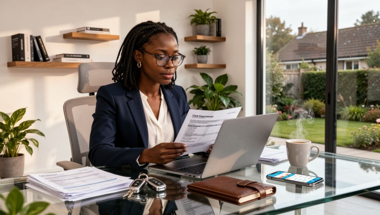 person checking car insurance renewal on laptop