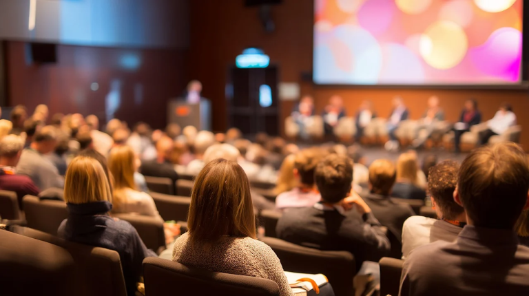 Audience seated at a business conference watching a panel presentation