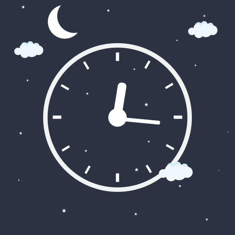 Illustration of a clock at night with moon and stars
