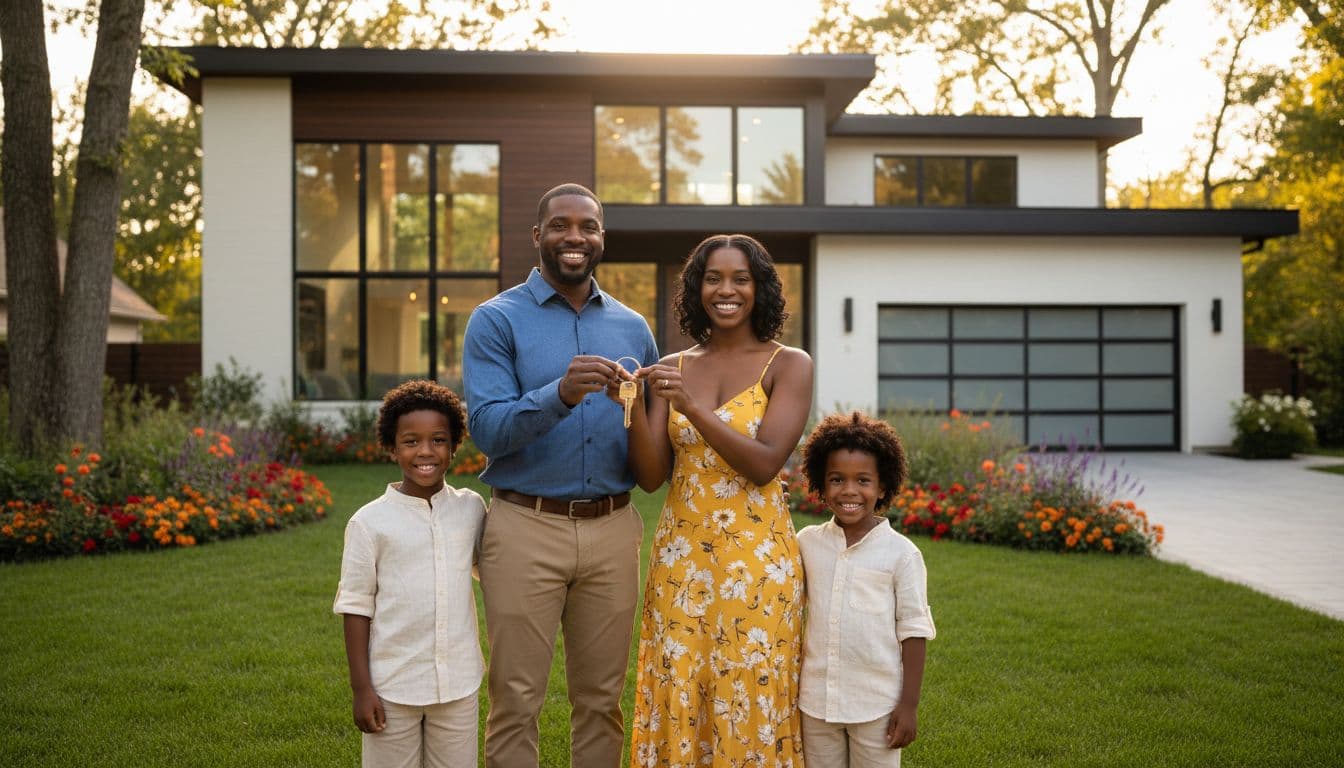 Black family holding house keys in front of their new home