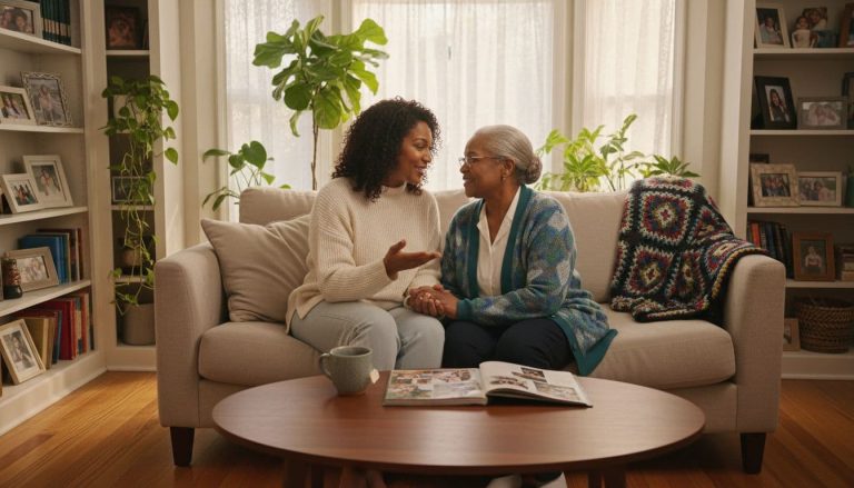 Black woman sitting and talking with her elderly parent at home