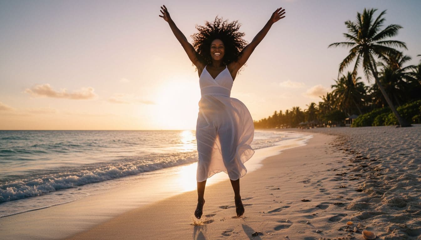 Black woman jumping on beach feeling energized and focused