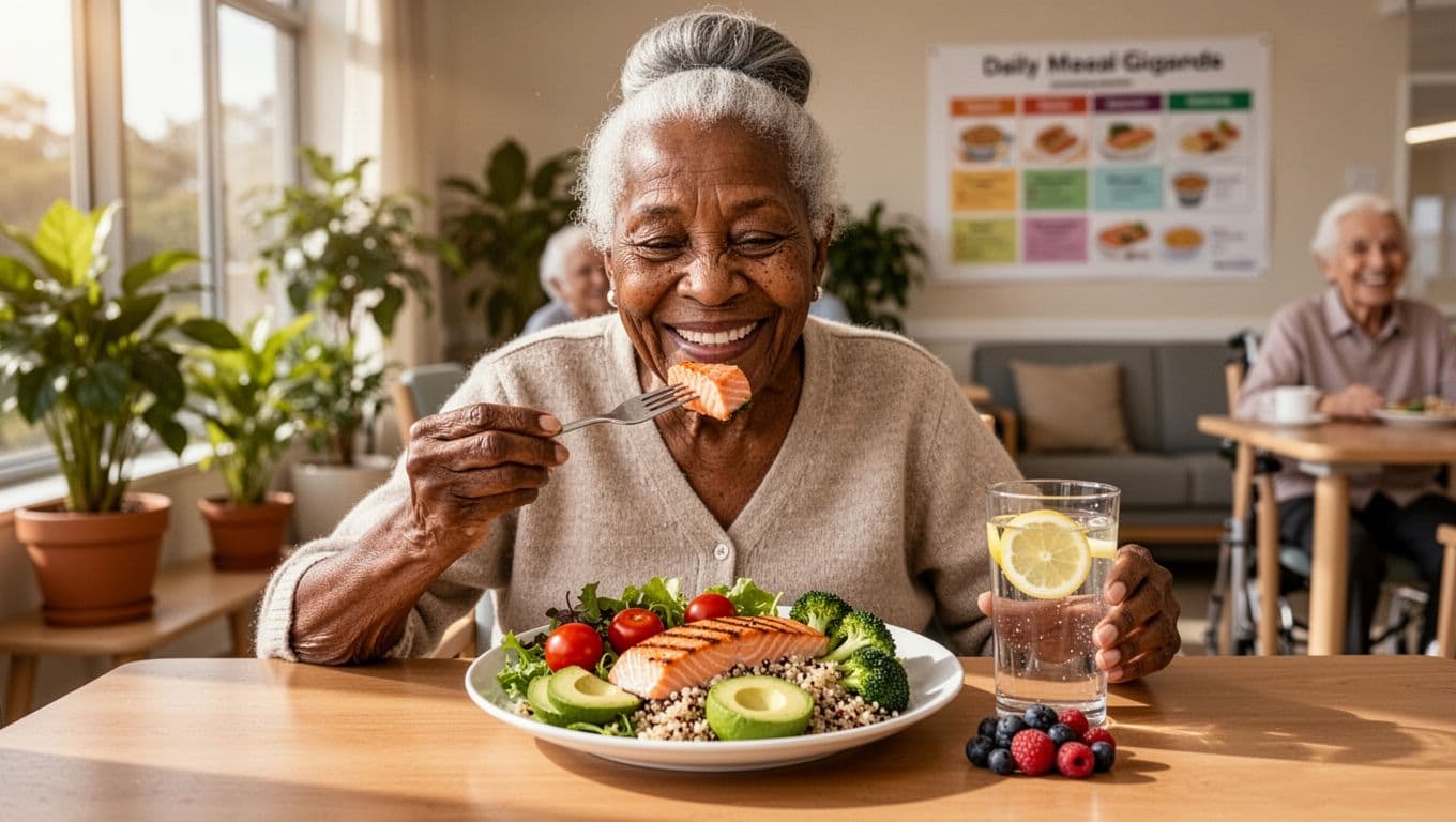 elderly man eating a nutritious meal in a care facility