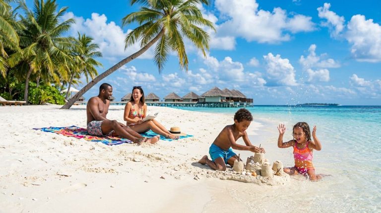 family enjoying tropical beach in the Maldives with kids