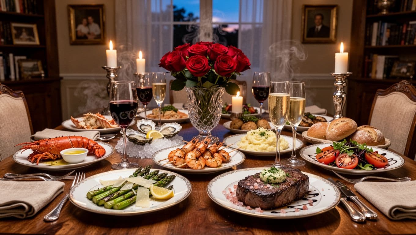 gourmet seafood and steak dinner prepared for a special occasion