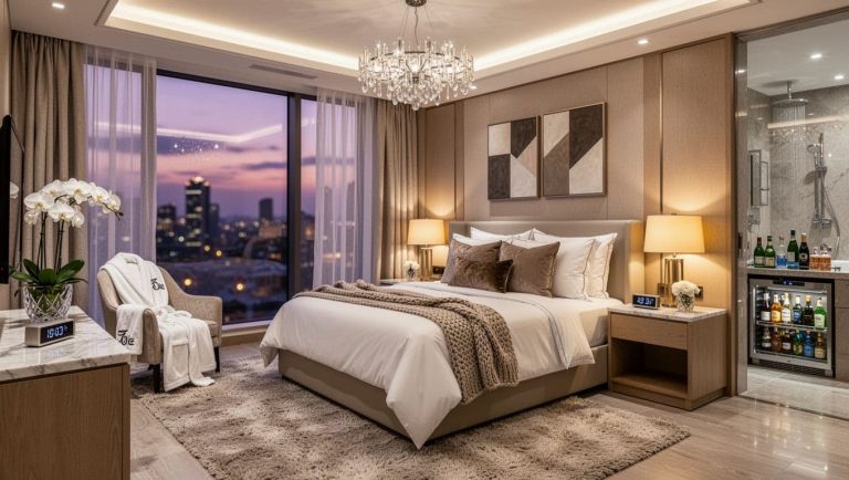Modern luxury hotel bedroom with king bed, chandelier lighting, and city skyline view at dusk
