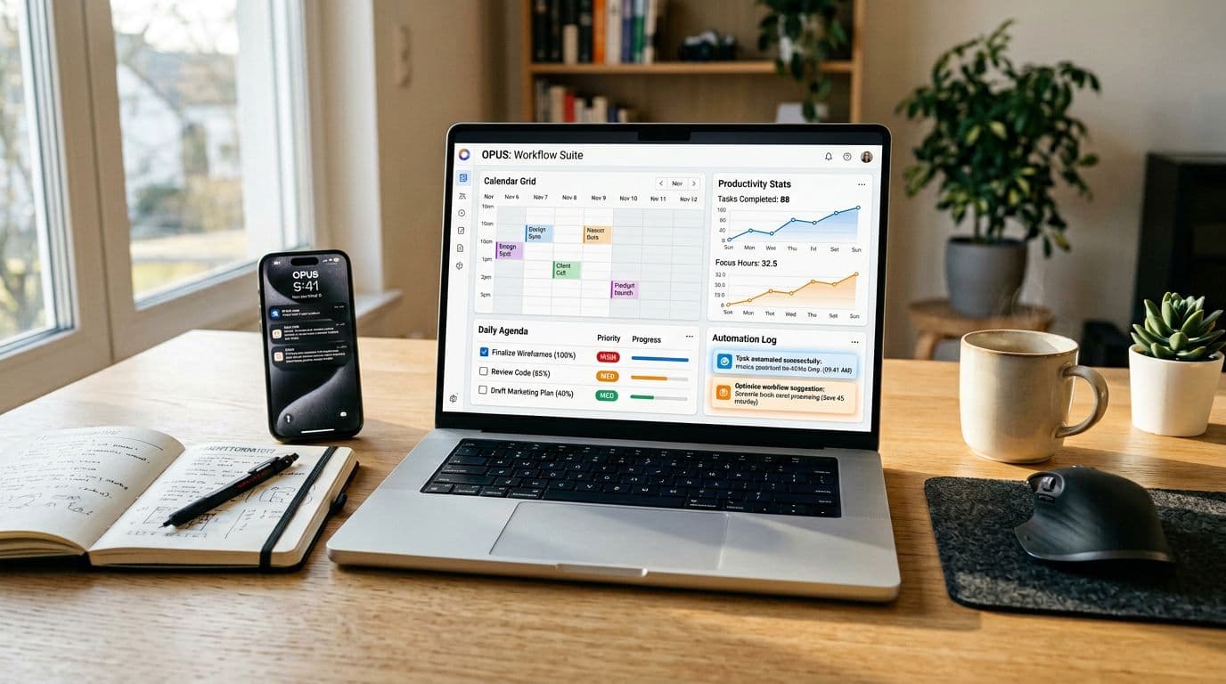 laptop displaying productivity dashboard with tasks calendar and automation tools