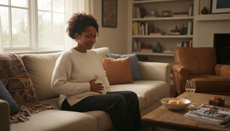 Black woman sitting on couch holding stomach after eating