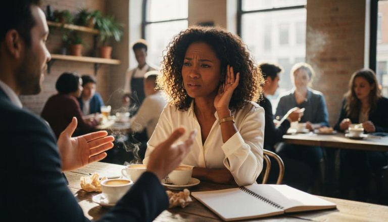 woman having difficulty hearing conversation in noisy restaurant
