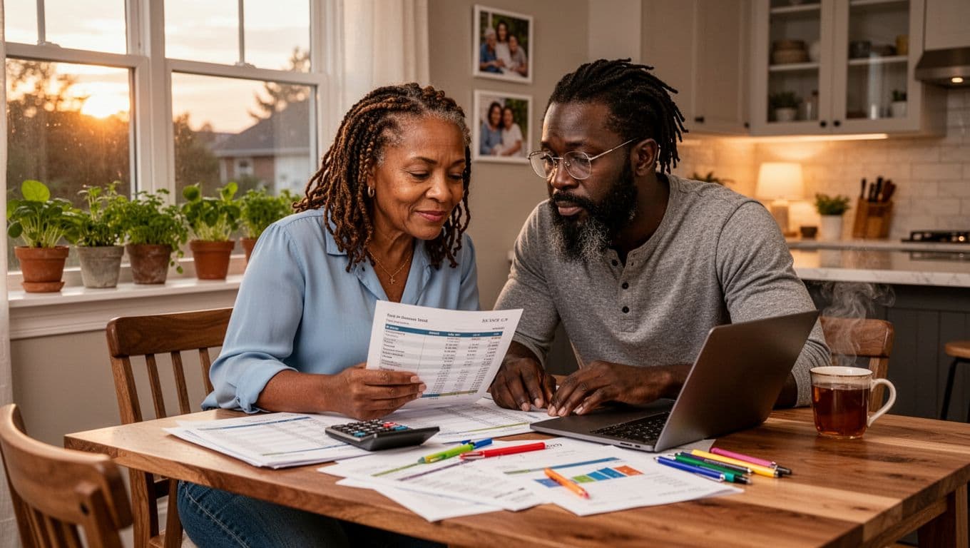 Black couple reviewing budget and financial documents at home