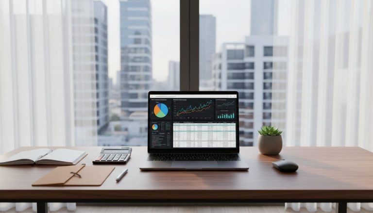 laptop displaying financial reports and charts on desk for business accounting management