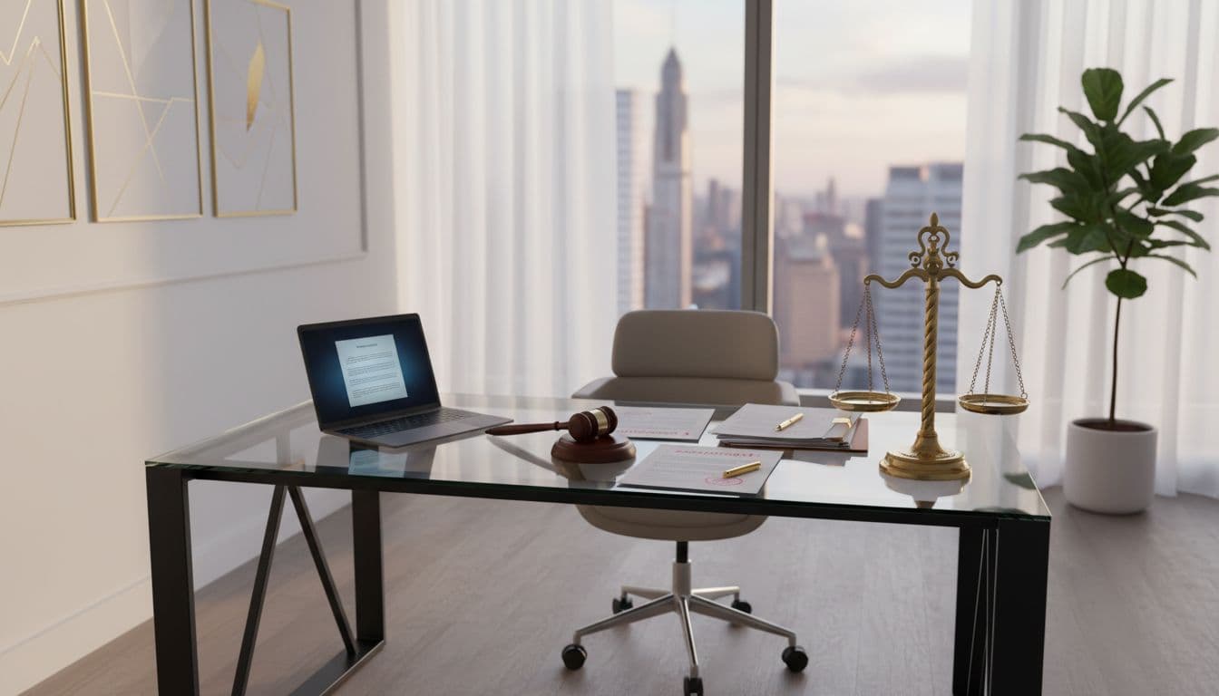 law office desk with gavel and scales of justice in modern setting