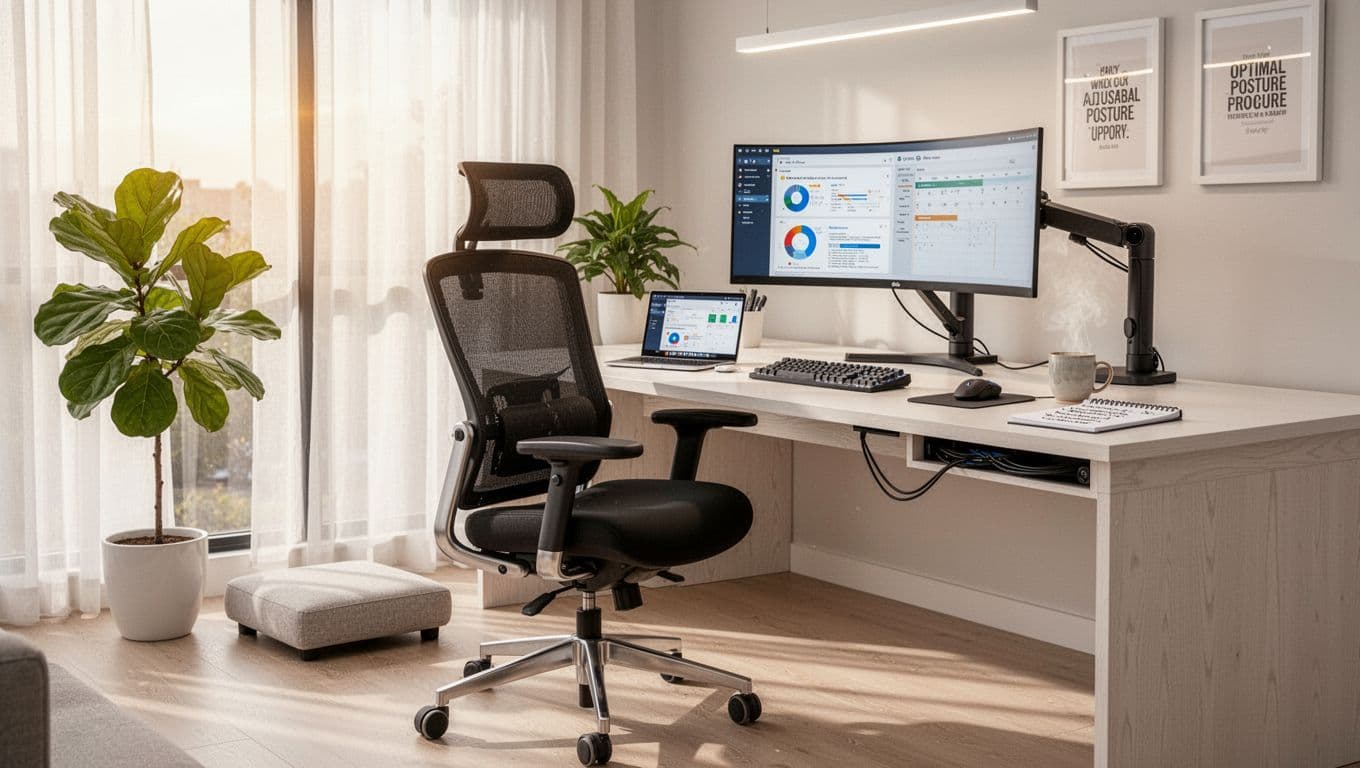 ergonomic office chair positioned at desk supporting healthy posture