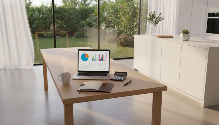 laptop with charts and calculator on table for home upgrade planning