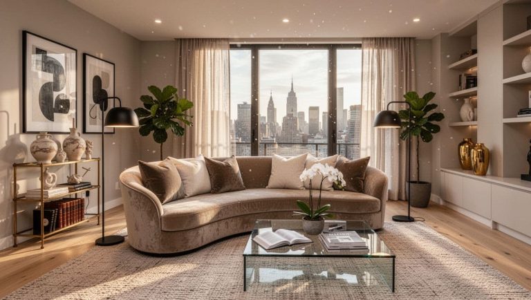 modern luxury living room with velvet sofa, warm lighting, and neutral decor