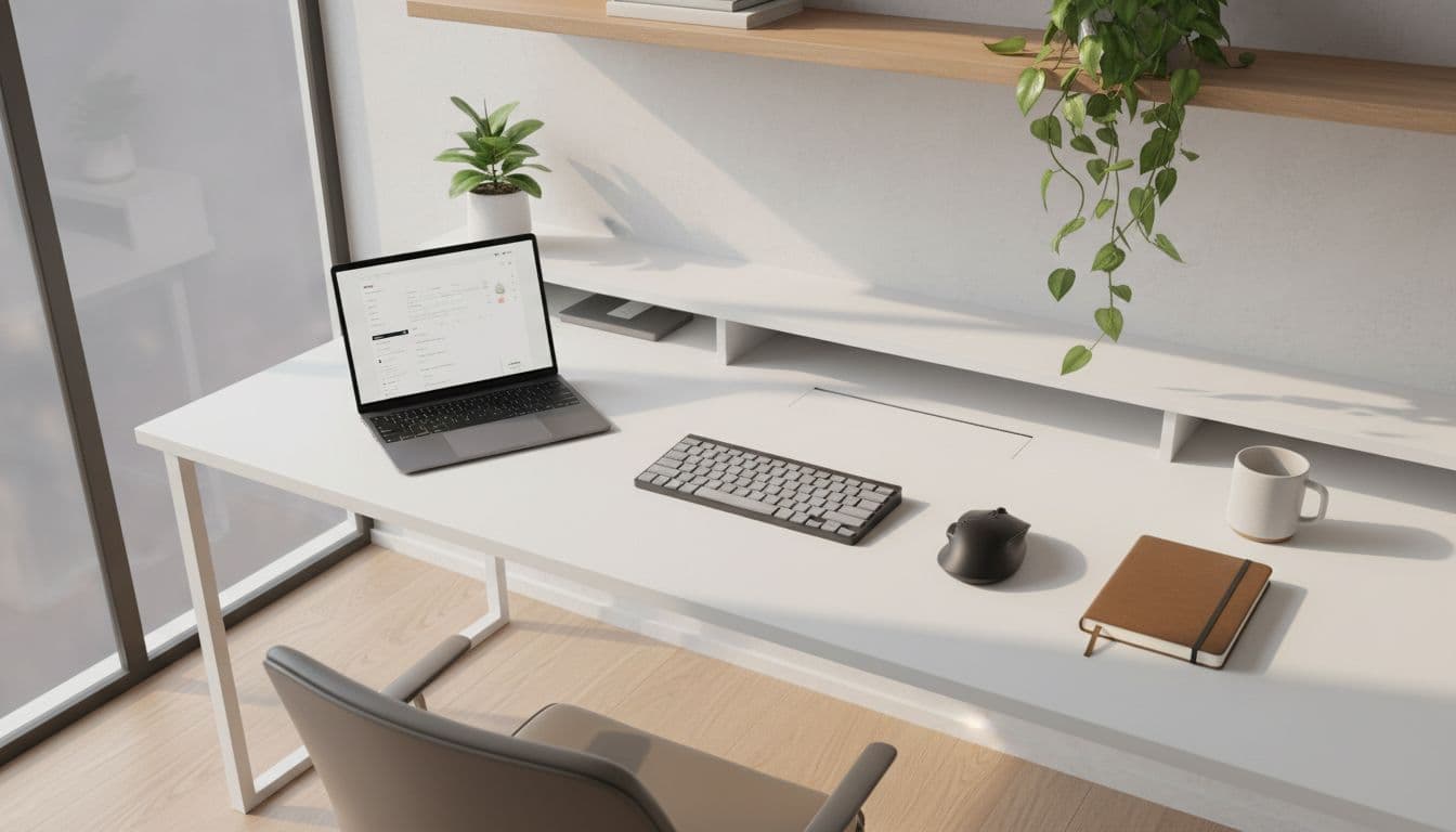 ergonomic mouse on a clean minimalist desk setup with keyboard and laptop