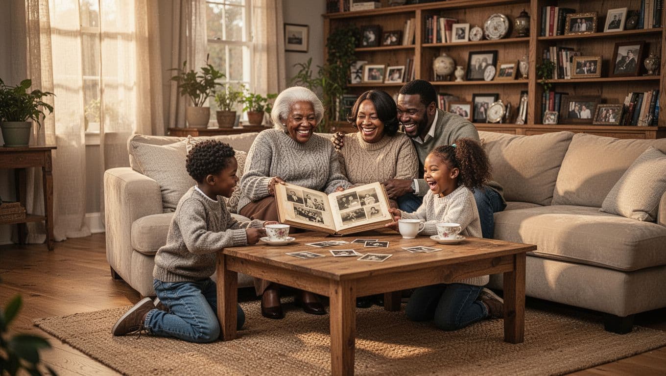 family looking through a photo album together