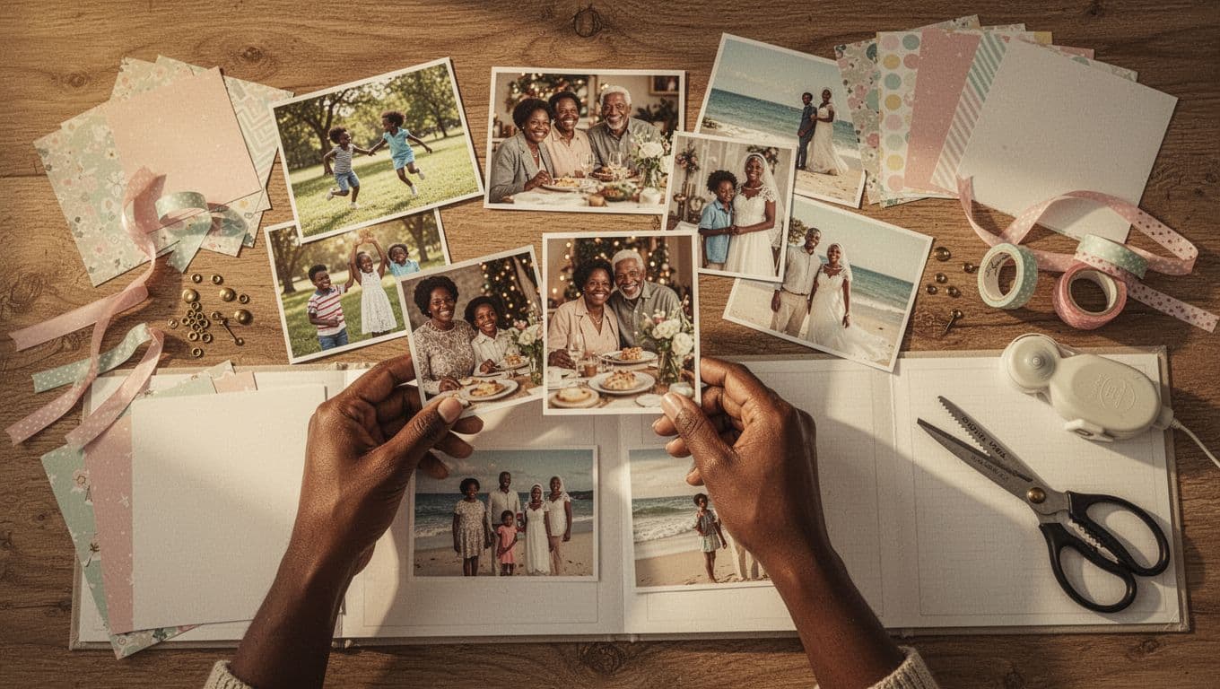 person sorting printed family photos on a table