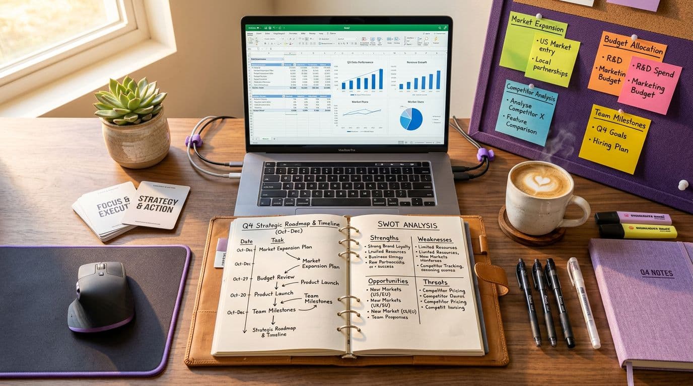 Organized desk with laptop, planner, sticky notes, and strategy notes for product planning