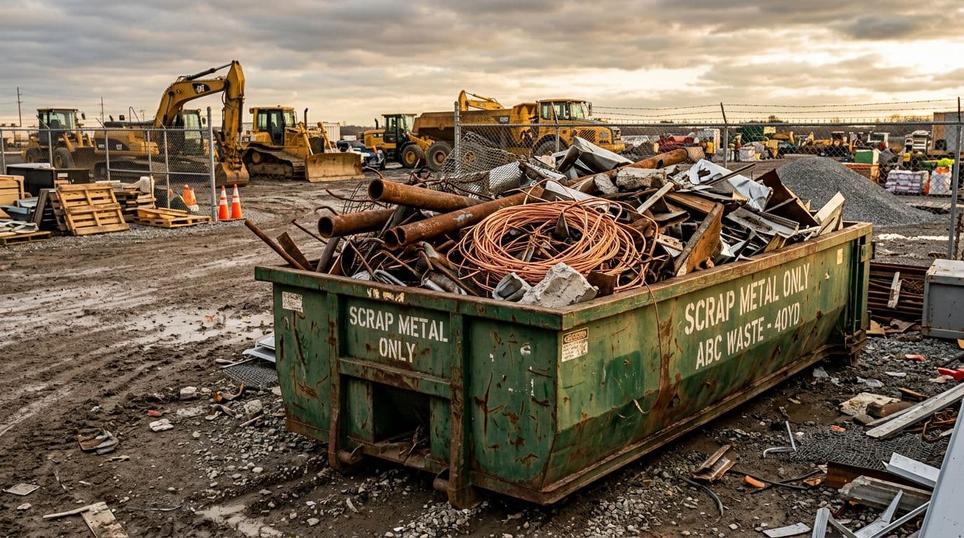 roll-off dumpster filled with scrap metal pipes and construction debris at recycling yard