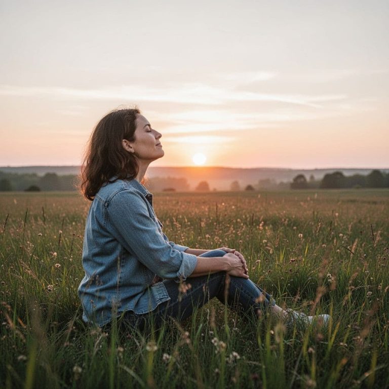 Person sitting peacefully in a grassy field at sunrise reflecting during a personal recovery journey