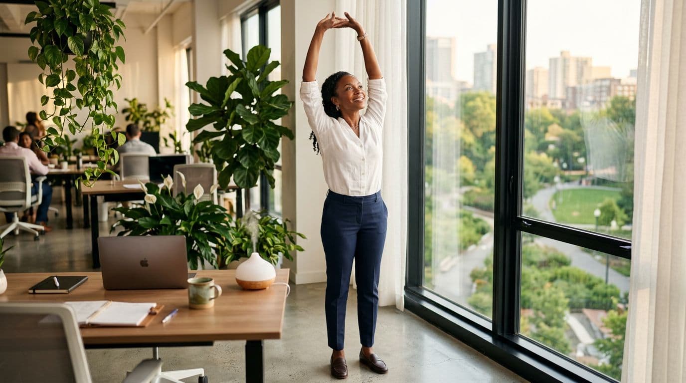 African American woman stretching near a window during a workday break