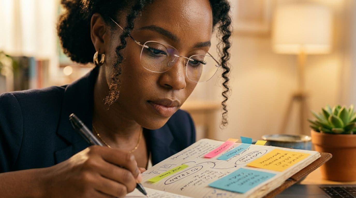 Entrepreneur writing ideas and customer pain points in a notebook with colorful sticky notes