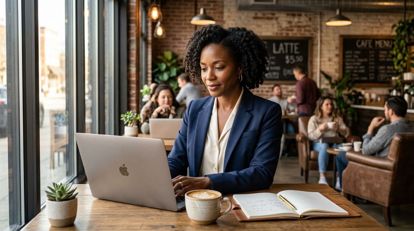 female entrepreneur working on laptop in a coffee shop workspace