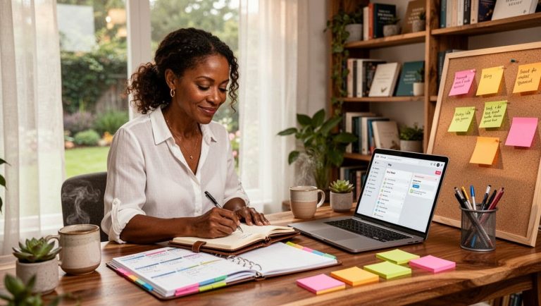 Black woman writing and organizing blog ideas in a notebook