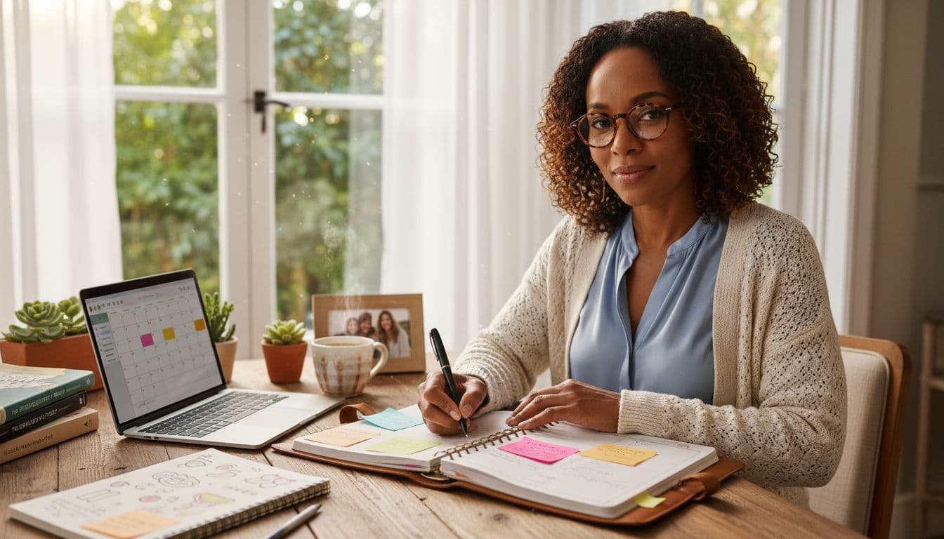 Black woman planning tasks and priorities in notebook