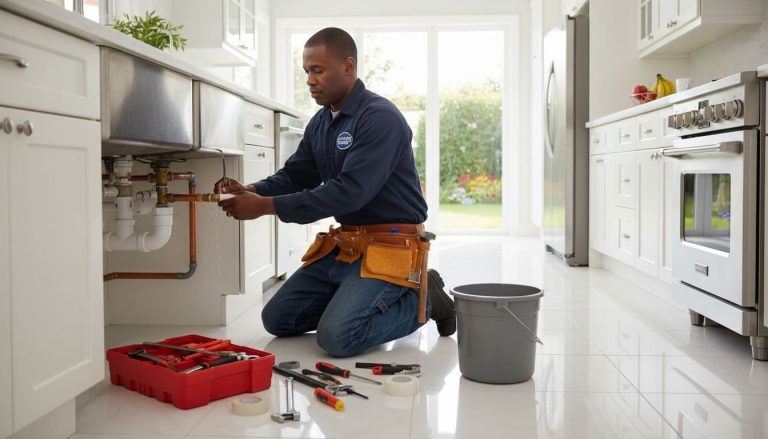 professional plumber repairing pipes under a kitchen sink