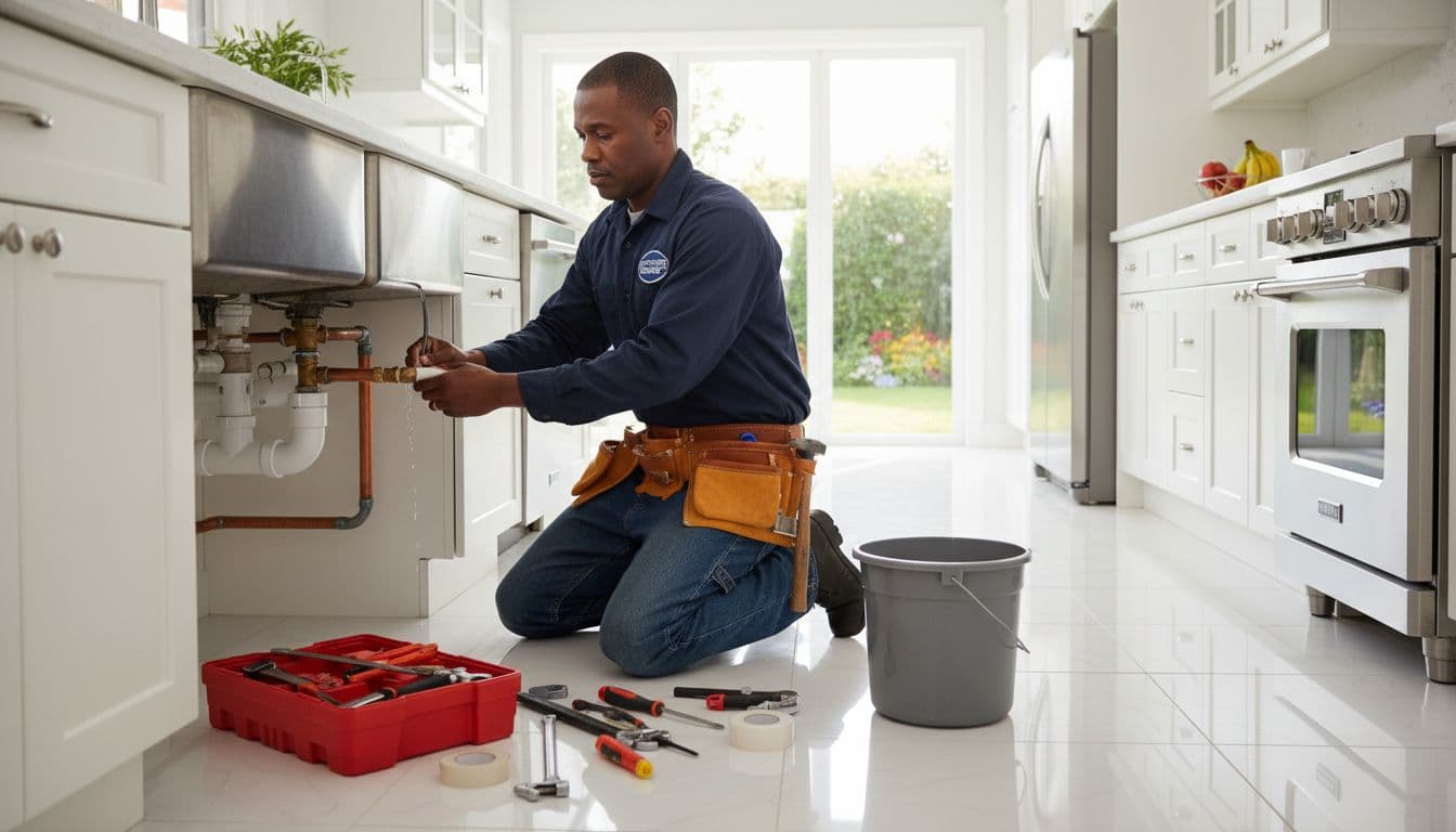 professional plumber repairing pipes under a kitchen sink