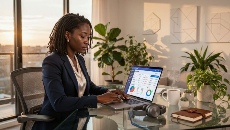 Black woman using laptop to manage invoices and payment recovery