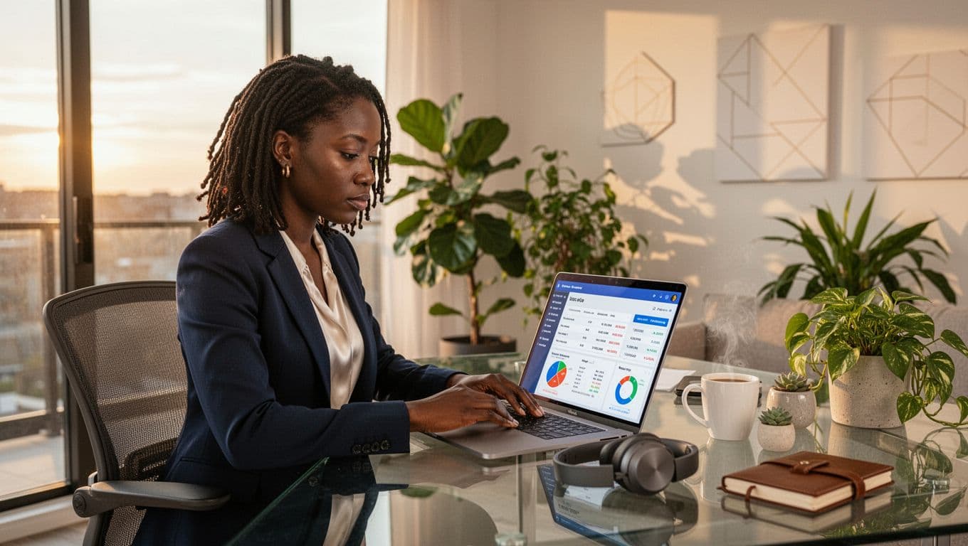 Black woman using laptop to manage invoices and payment recovery