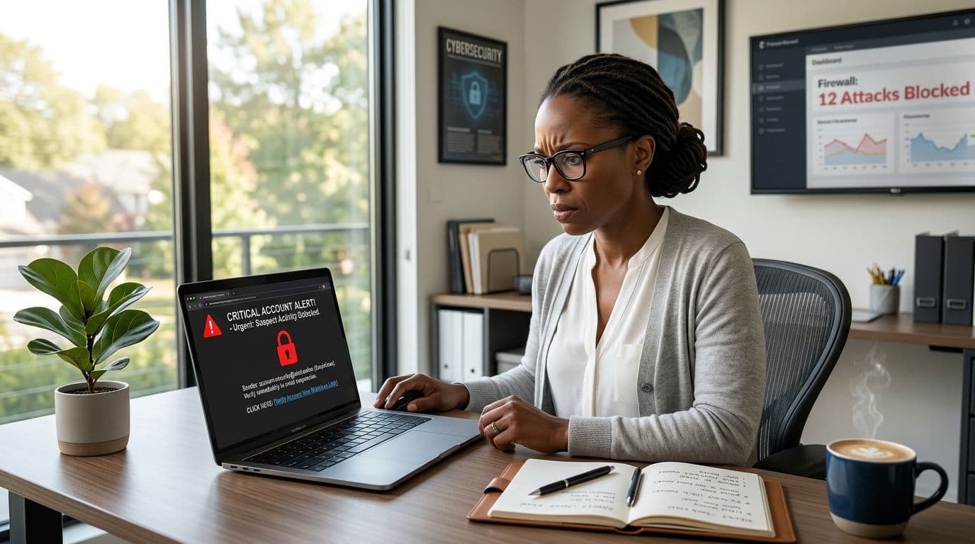 Black woman professional reviewing a suspicious email alert on her laptop