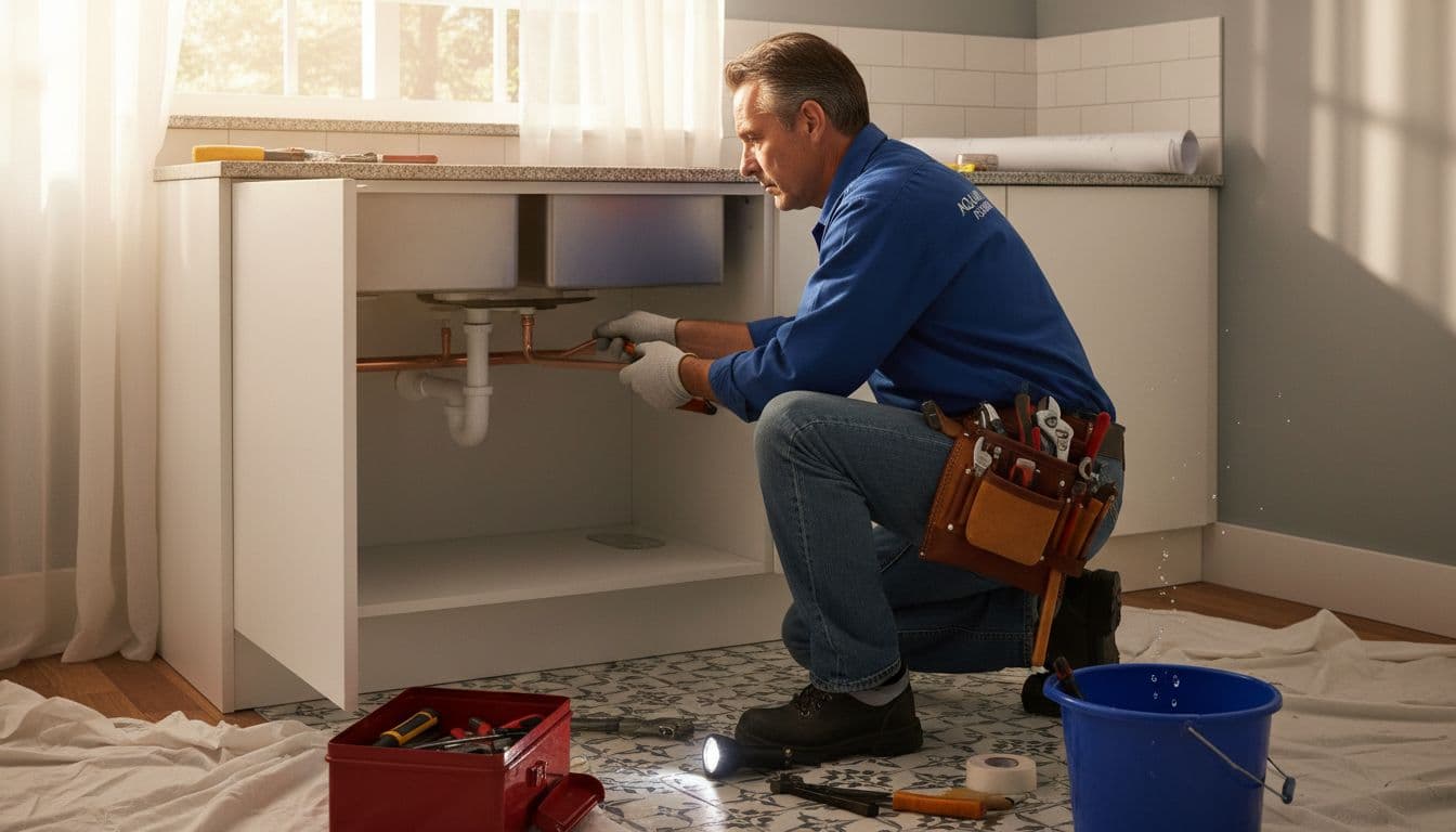 plumber installing plumbing under kitchen sink during renovation