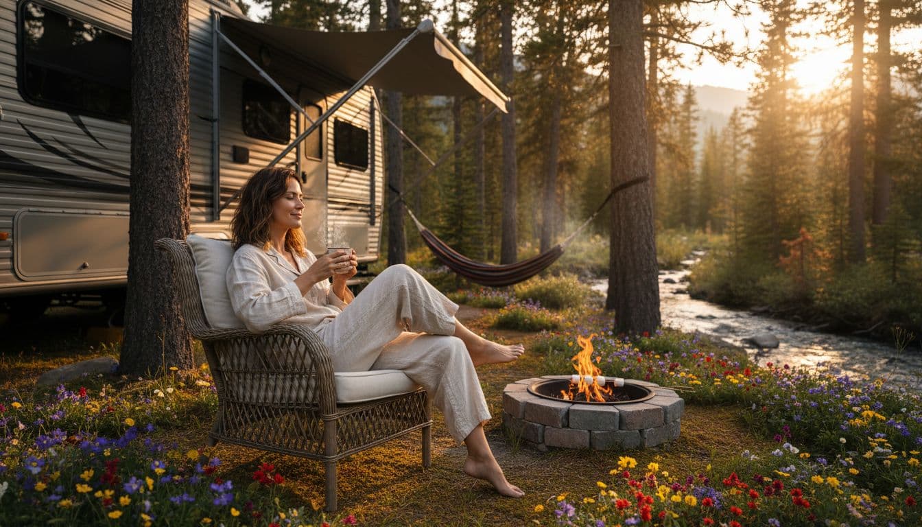 Woman relaxing by a campfire outside an RV in a forest setting at sunset