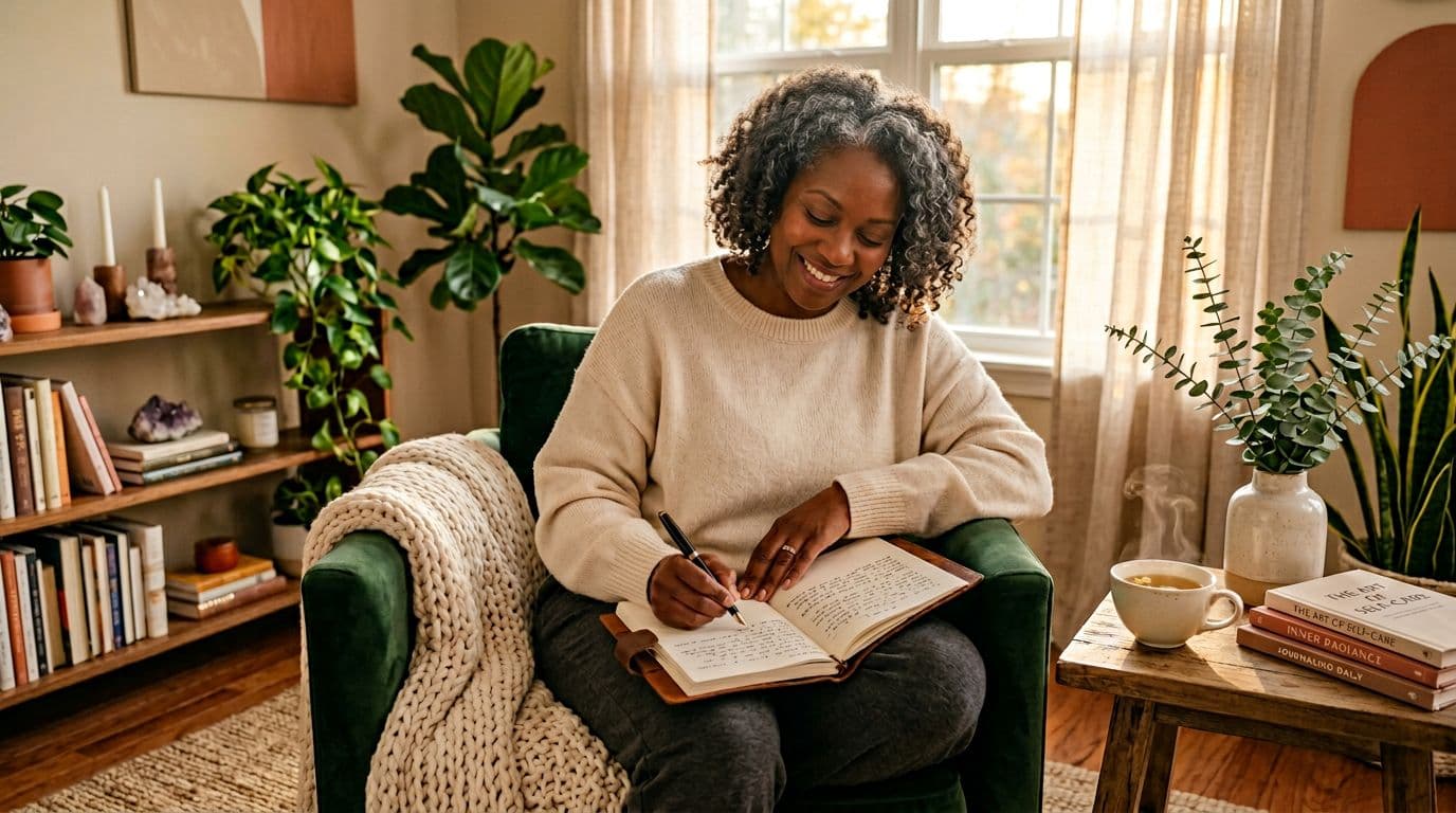 Black woman in her 40s journaling with tea in a calm room symbolizing the practice to choose yourself daily