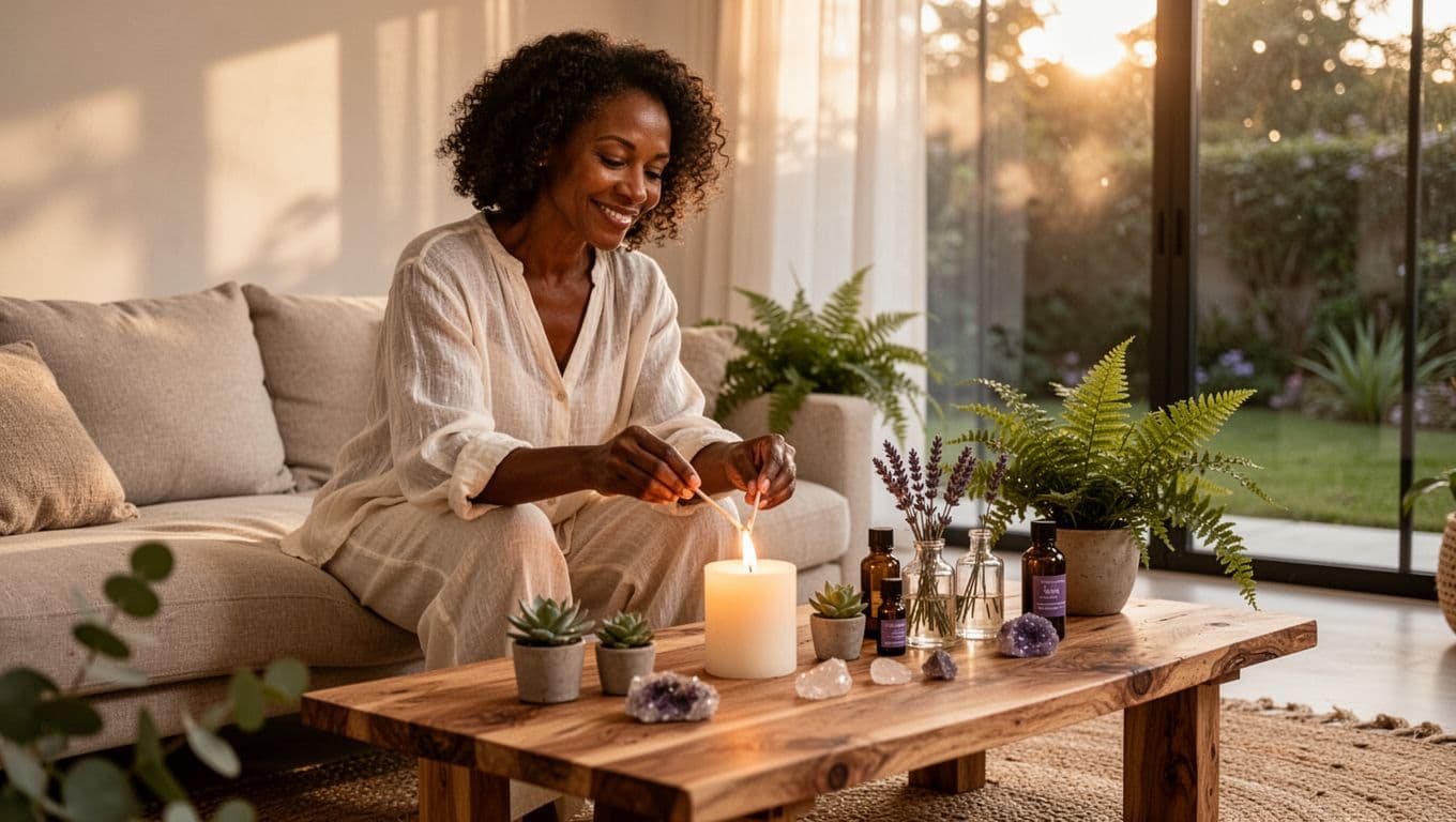 Black woman using scented candle and essential oils for home refresh