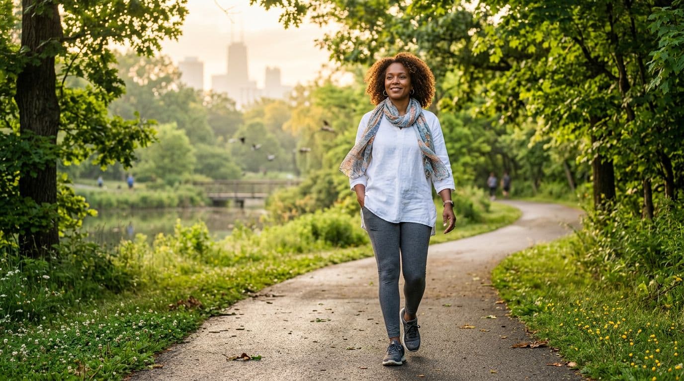 Black woman in her 40s taking a peaceful walk outdoors to reset and choose yourself daily
