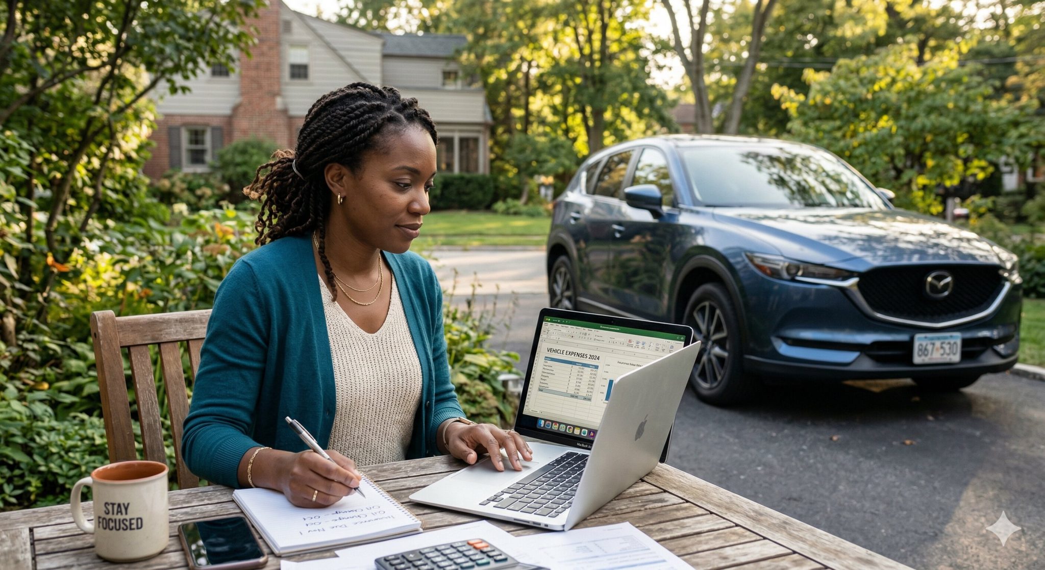 woman reviewing car expenses on laptop with vehicle in driveway