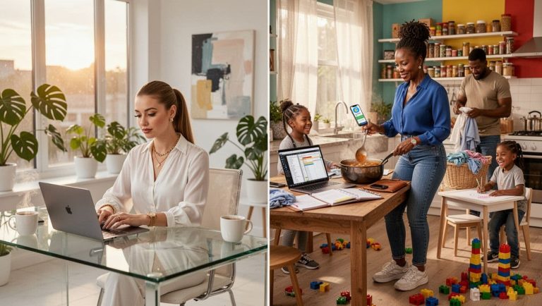 Black professional woman balancing work and responsibilities at home
