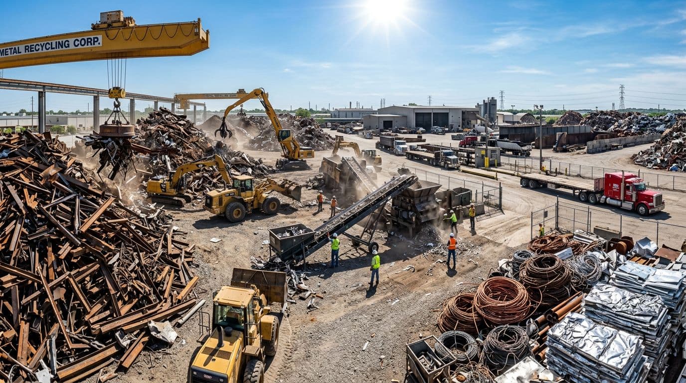 large industrial scrap metal recycling yard with heavy machinery sorting steel and aluminum