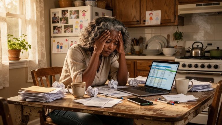 Black woman sitting at kitchen table stressed over bills and debt