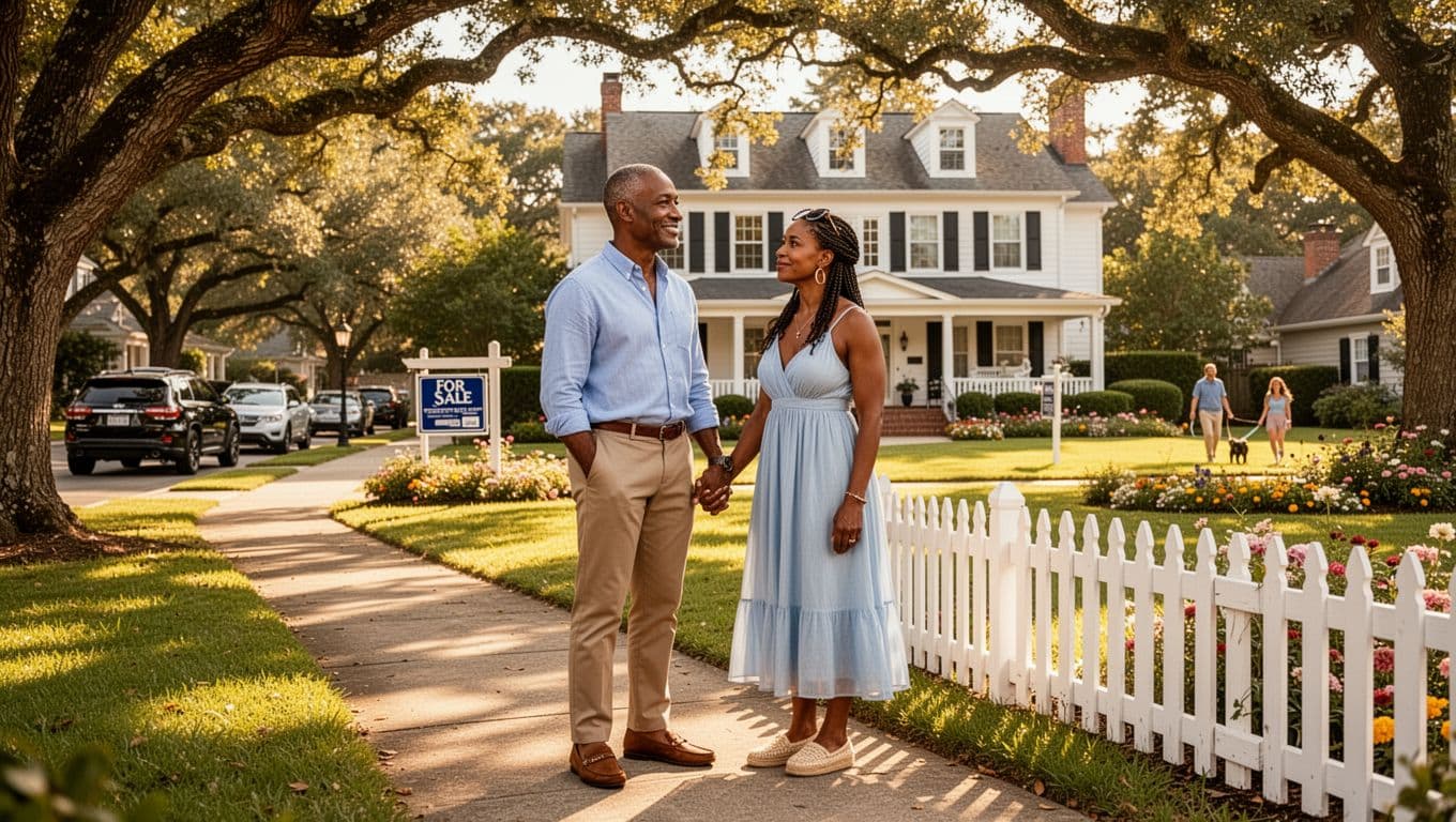 Black couple standing outside a home for sale while house hunting