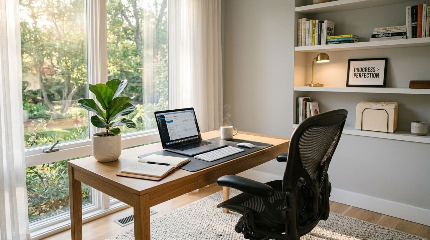 modern office workspace with ergonomic chair and organized desk setup