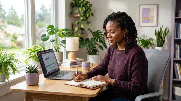 Black woman entrepreneur using a laptop and writing notes while researching buyer problems with AI