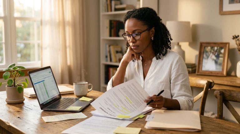 person reviewing divorce paperwork and financial documents on a laptop