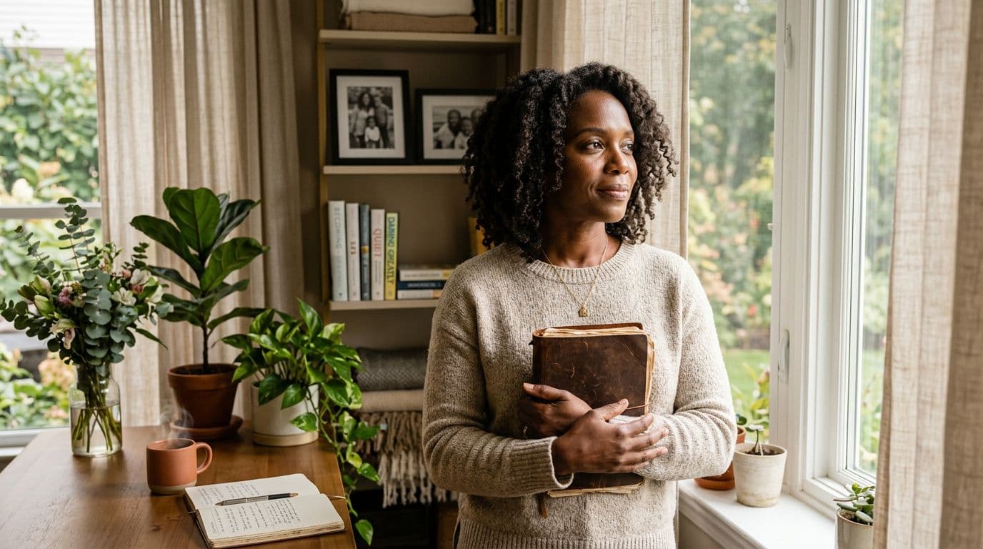 Black woman in her 40s reflecting by a window while holding a notebook and thinking about how to choose yourself daily