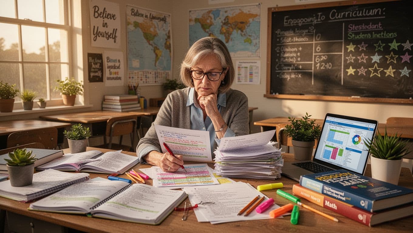 teacher writing notes and preparing learning materials